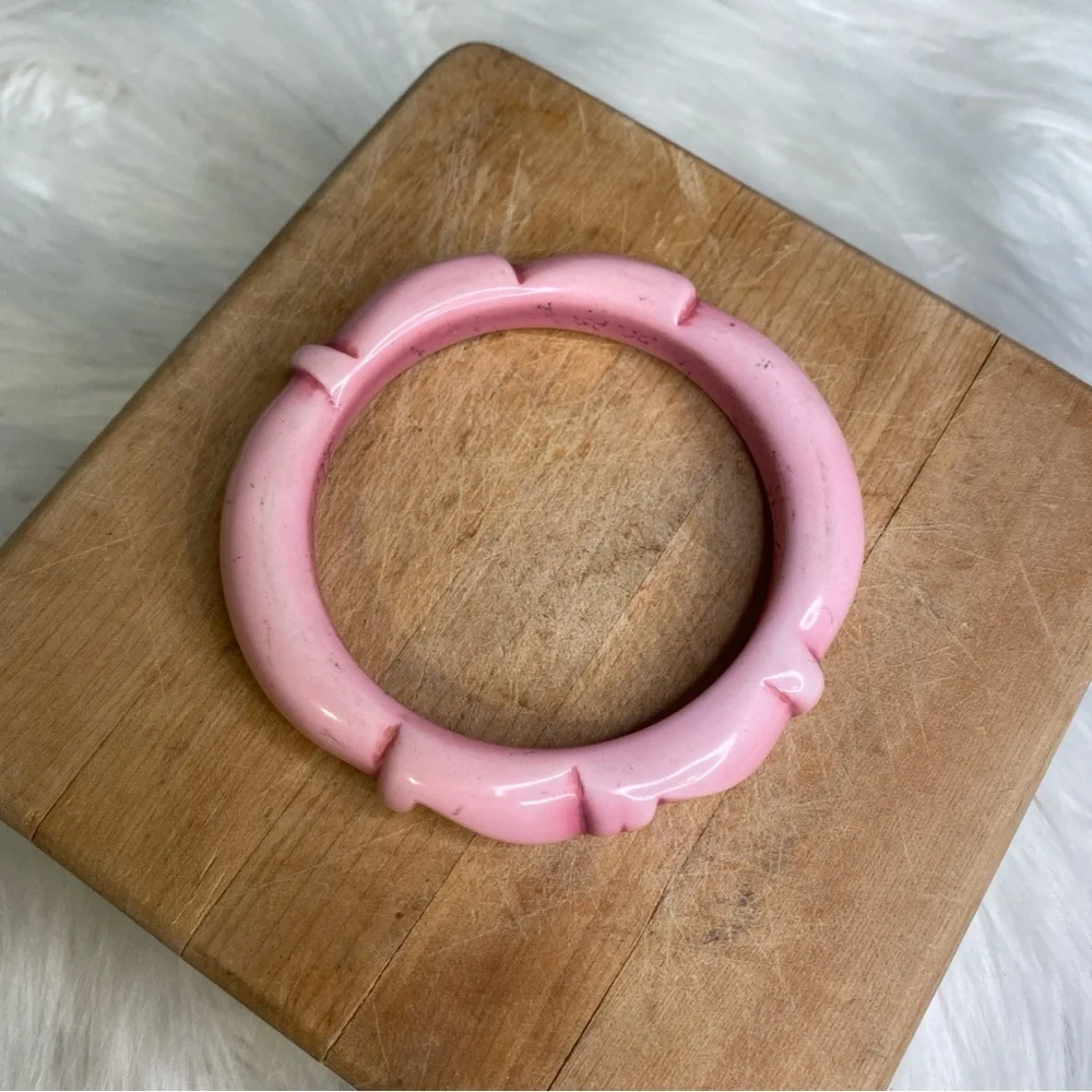 Vintage Signed Acrylic Overdyed Bangle Carved Design Pink L. Copart